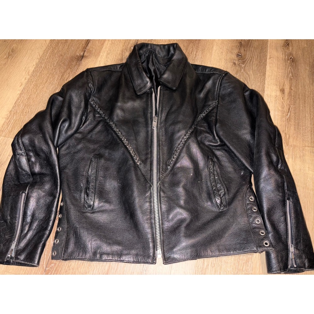 Vintage Womens Black Leather Motorcycle Jacket Braided Laces Zip Up Biker‎